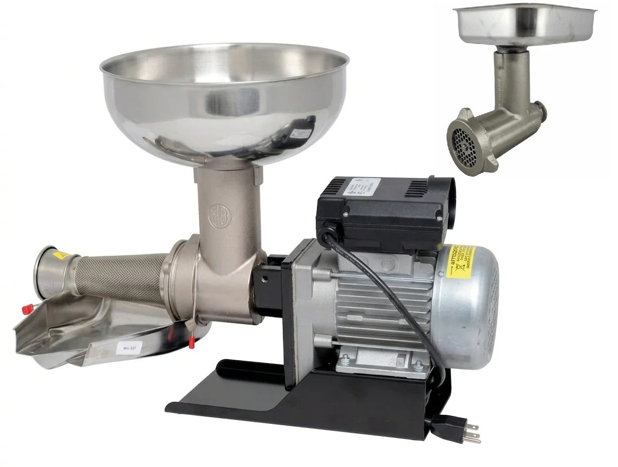 Stainless steel meat grinder on a white background