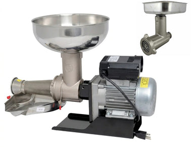 Stainless steel meat grinder on a white background