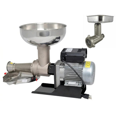 Stainless steel meat grinder on a white background