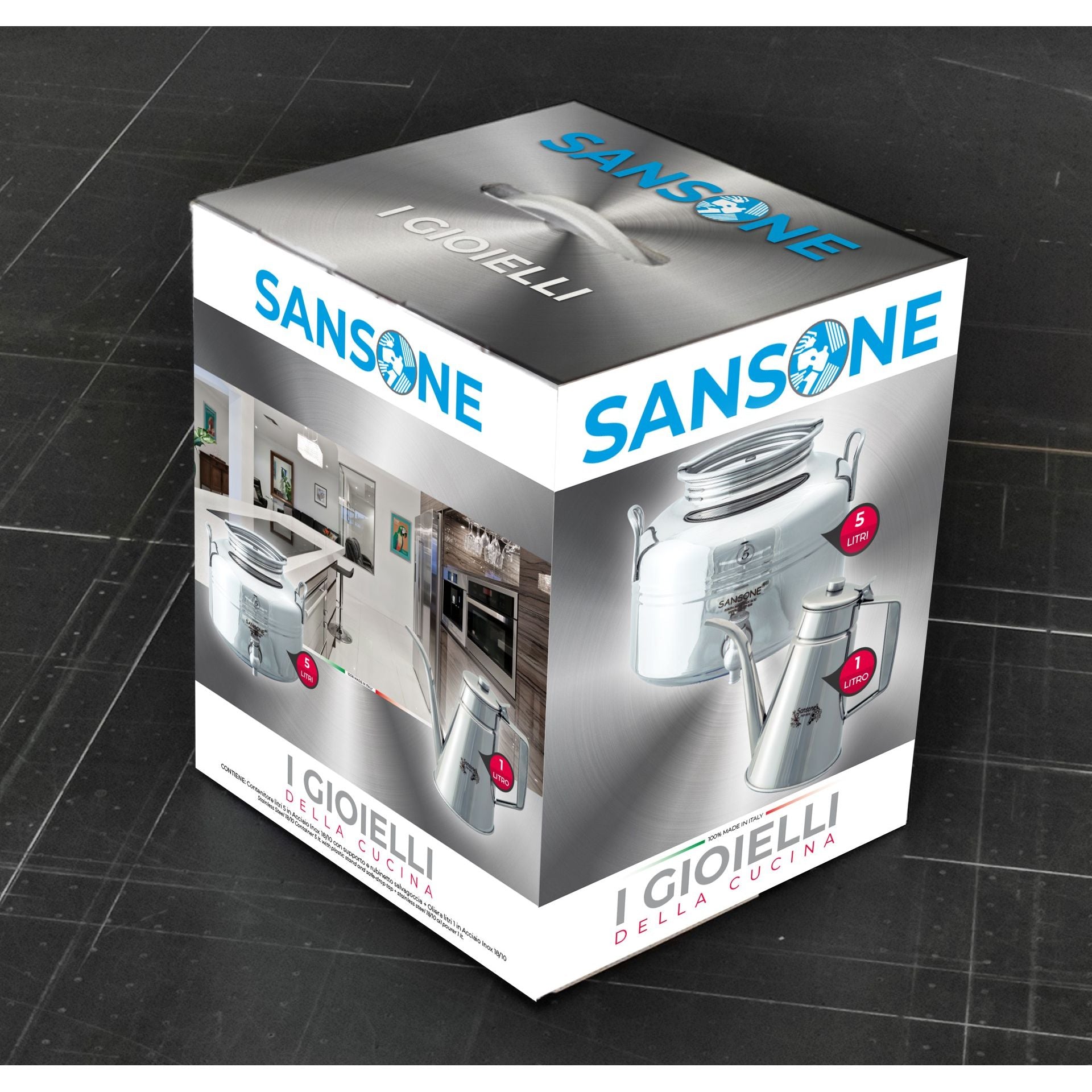 Sansone Jewel 1.32 gal Fusti 18/10 Stainless Steel Canister, Spigot and 0.26 gal Oil Cruet Gift Box