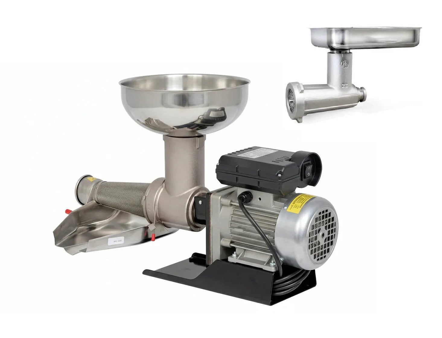 Stainless steel meat grinder on a white background