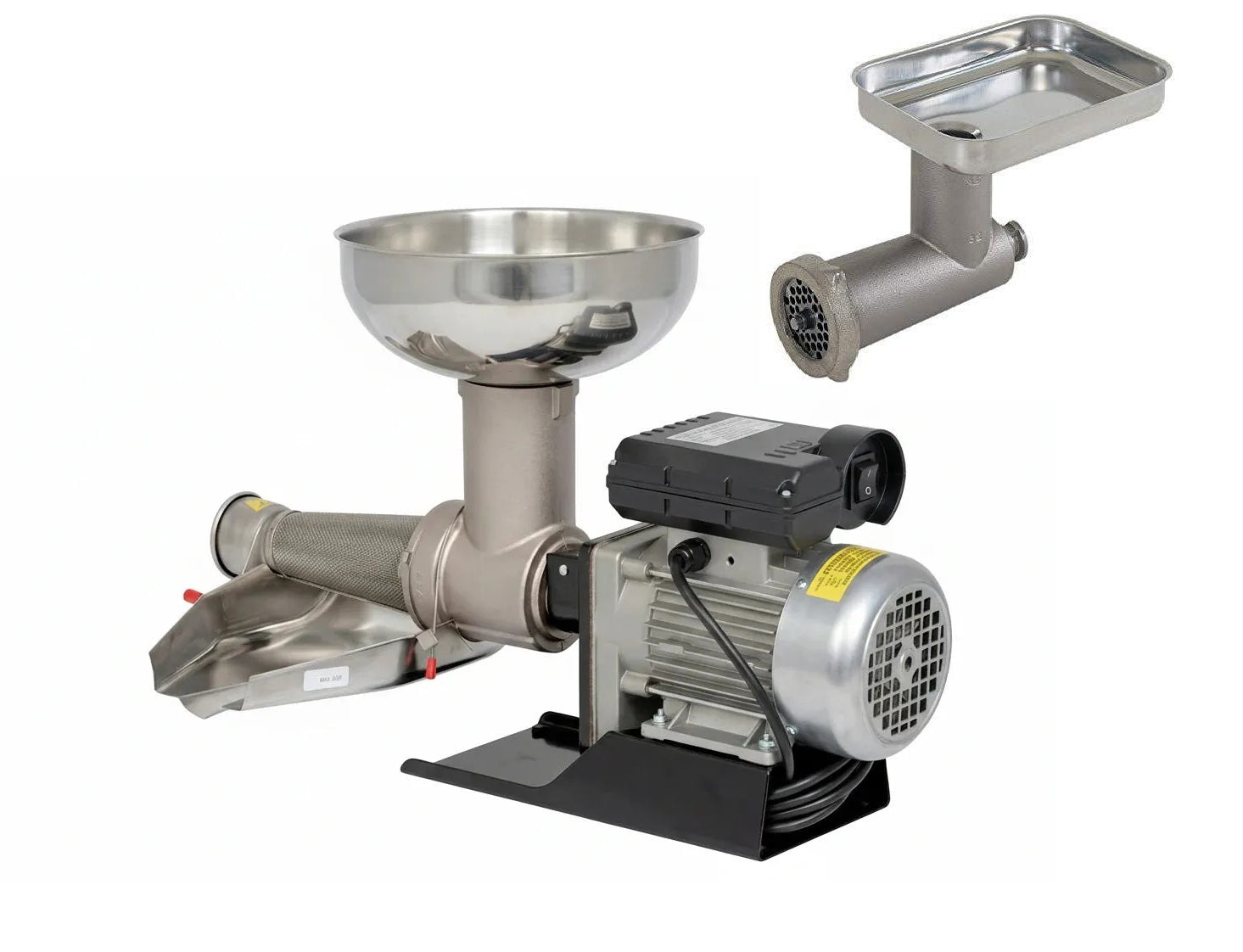 Stainless steel meat grinder on a white background