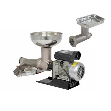 Stainless steel meat grinder on a white background