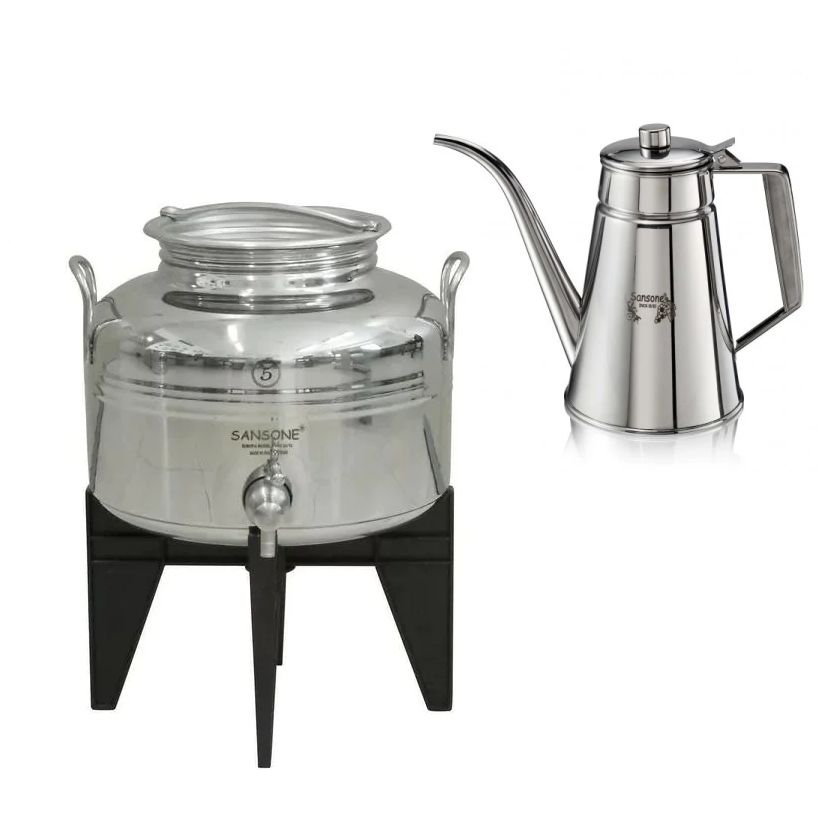 Sansone Jewel 1.32 gal Fusti 18/10 Stainless Steel Canister, Spigot and 0.26 gal Oil Cruet  – NSF Certified for Holding Olive Oil and More – Made in Italy