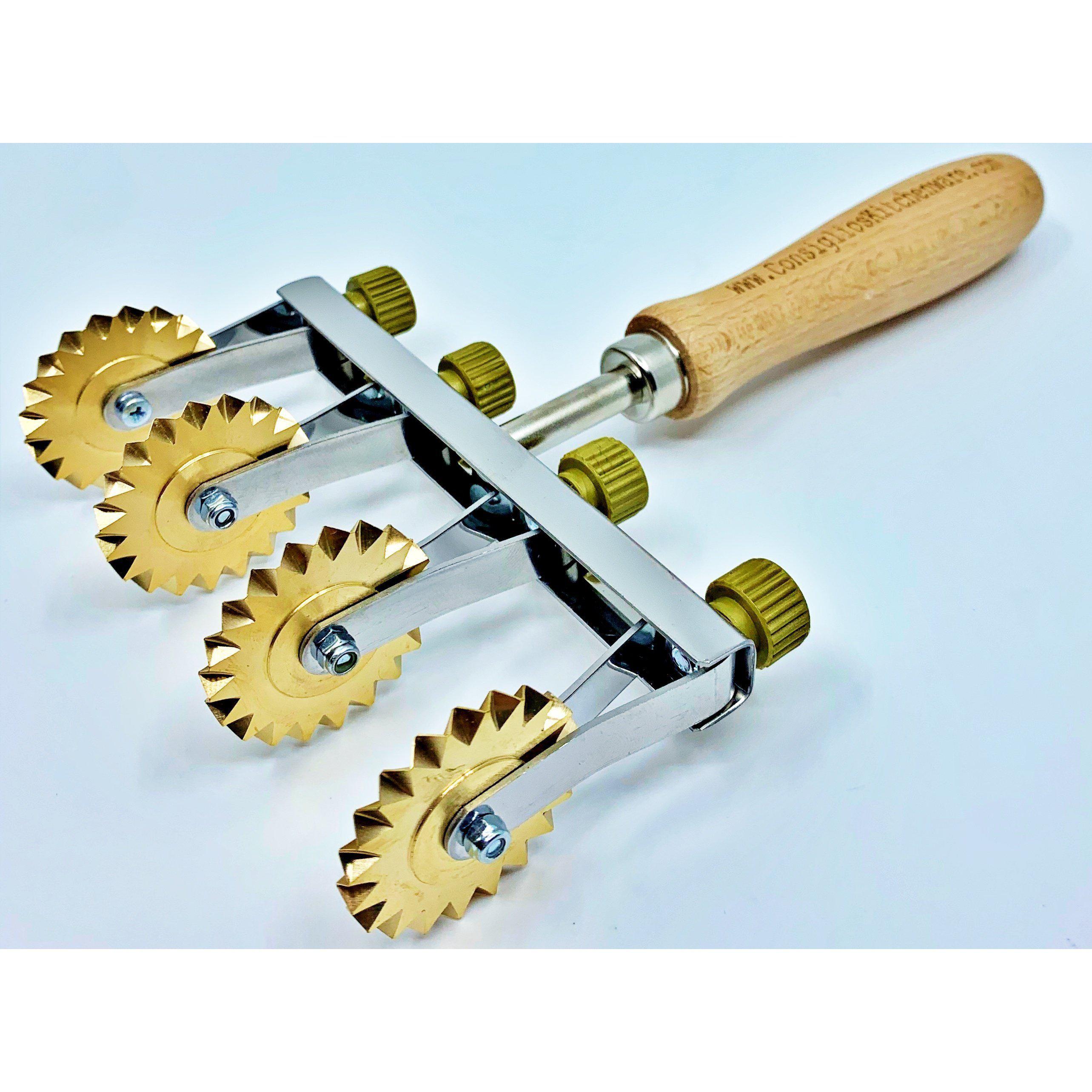 Brass Adjustable Fluted Pastry and Pasta Cutter with 4 Wheels